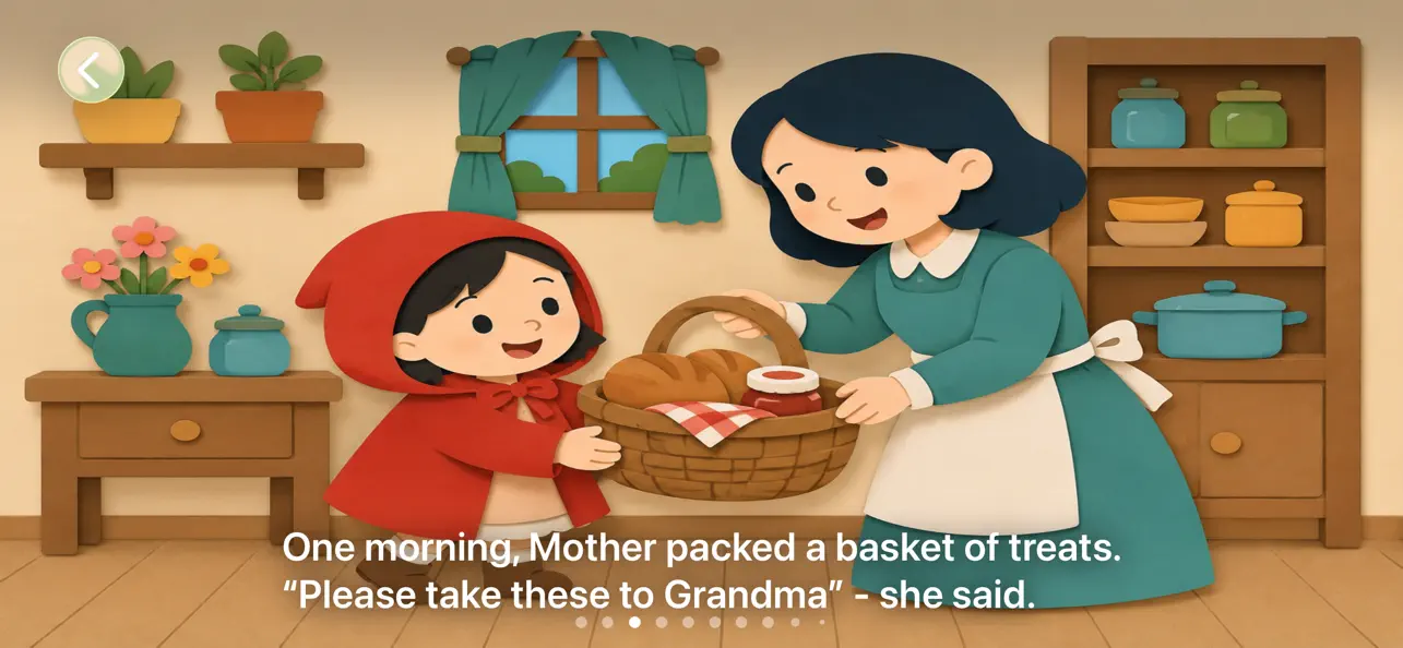 Little Red Riding Hood arrives at a sunny forest in Children's Stories & Books