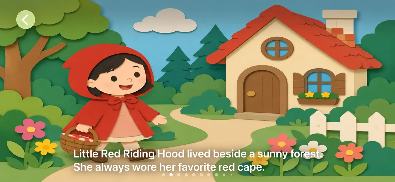 Little Red Riding Hood walks through a forest with singing birds
