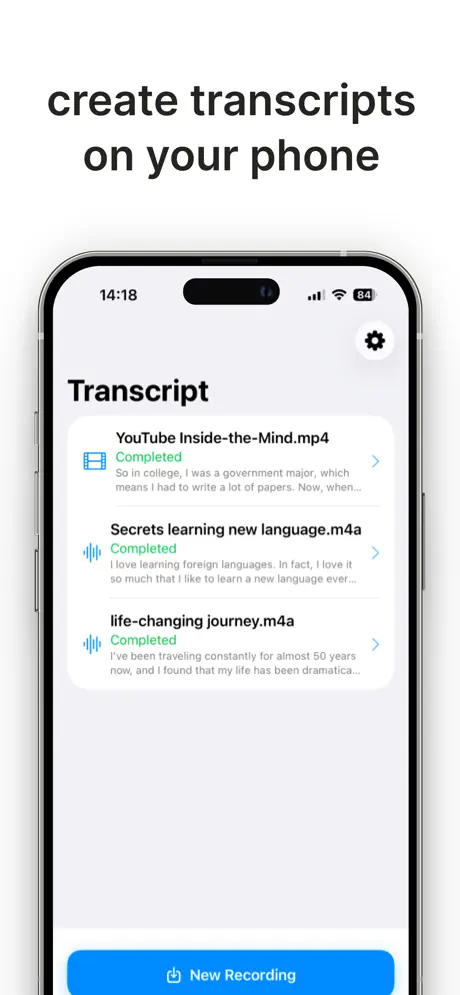 Instant Transcript main screen