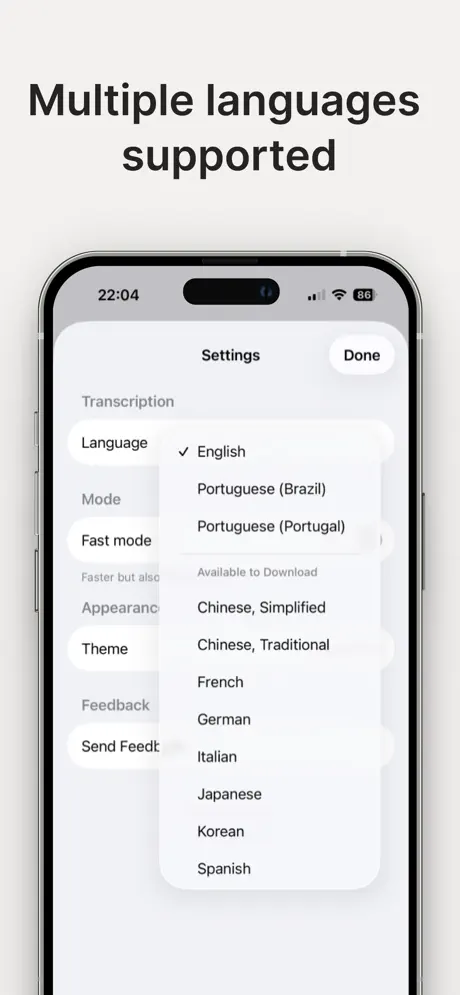 Transcript language settings